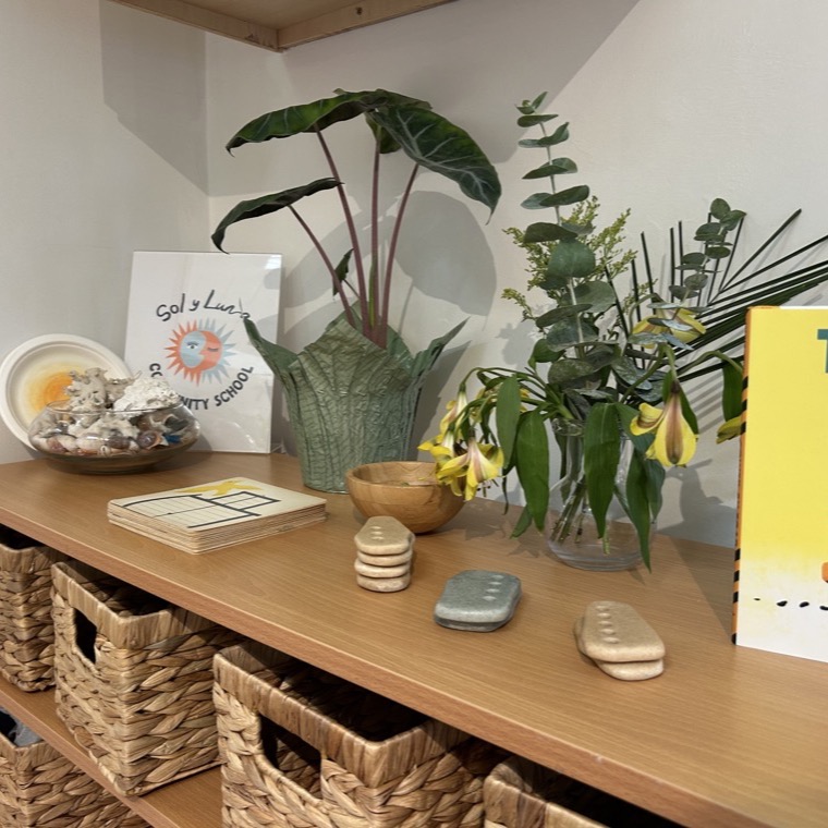 A wooden shelf with woven baskets, plants, shells, painted stones, and picture books