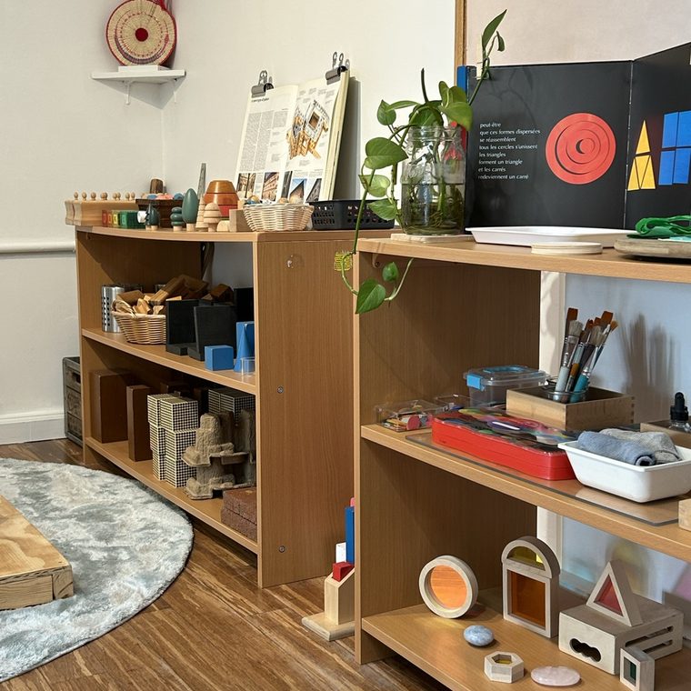 Classroom shelves with materials, plants, and a round rug