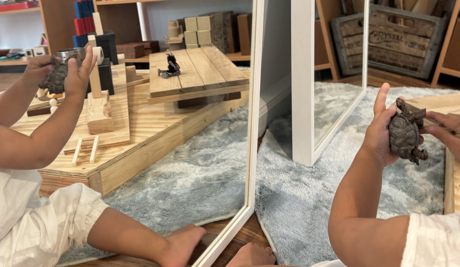 A child at a mirror examining a small toy turtle among wooden learning materials